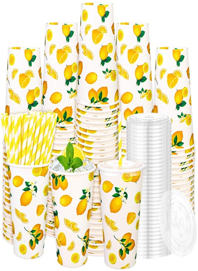 Kochorie 180 Pieces/60 Sets Lemonade Cups Disposable Paper Cups with Lids and Paper Straws 16oz Yellow Paper Cups Lemonade Stand Supplies for Cold Hot Beverage Juice Summer Fruit Party - Image 1